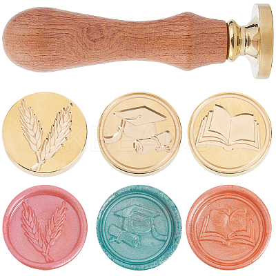 3 Styles Graduation Theme Golden Tone Brass Wax Seal Stamp Head AJEW-CP0007-50A-04-1