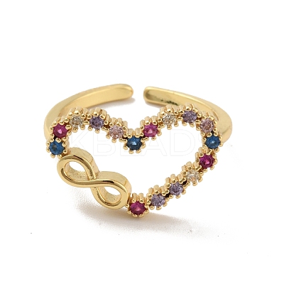 Colorful Cubic Zirconia Heart with Infinity Open Cuff Ring RJEW-B042-01-1