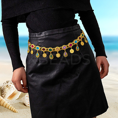 Ethnic Style Alloy with Acrylic Colorful Oval Link Chain Teardrop Tassel Waist Belly Chains for Women FS-WGB9AE6-01-1