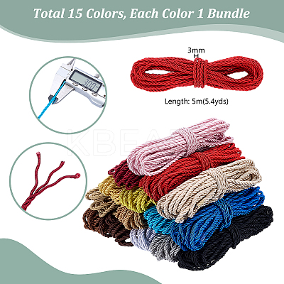 15 Bundles 15 Colors Round Polyester Twisted Cord WCOR-PH0001-05-1