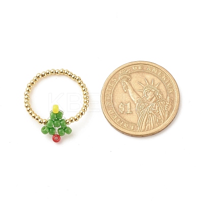 Christmas Tree Glass Seed & Brass Beaded Finger Ring RJEW-TA00038-1