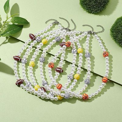 Plastic Imitation Pearl with Acrylic Sports Ball Beaded Necklaces for Women NJEW-JN04660-1