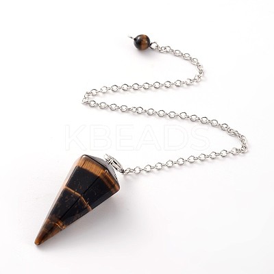 Platinum Tone Brass Tiger Eye Cone Hexagonal Pointed Dowsing Pendulums X-MAK-M015-01D-1