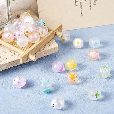 22Pcs 11 Styles Transparent Hand Painting Acrylic Beads OACR-TA0001-29-1