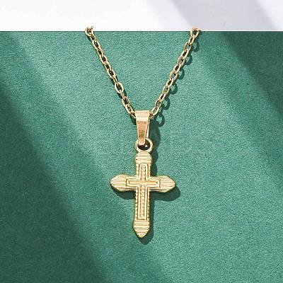 Cross 304 Stainless Steel Pendant Necklaces NJEW-H059-10G-1