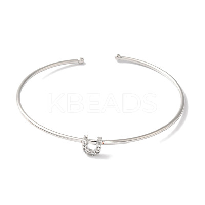 Rack Plating Brass Micro Pave Clear Cubic Zirconia Letter Open Cuff Bangles BJEW-A018-01P-U-1