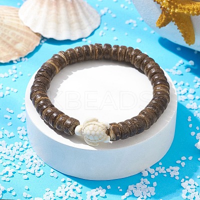 Natural Coconut Disc & Synthetic Turquoise Turtle Beaded Stretch Bracelet for Women BJEW-JB09700-05-1