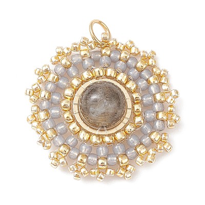 Natural Labradorite Flat Round Pendants PALLOY-MZ00135-07-1