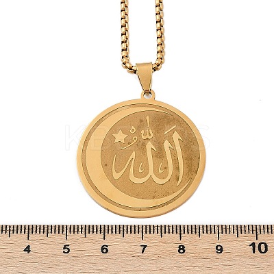 201 Stainless Steel Flat Round with Arabic Pendant Box Chain Necklaces for Women Men NJEW-R013-03G-1