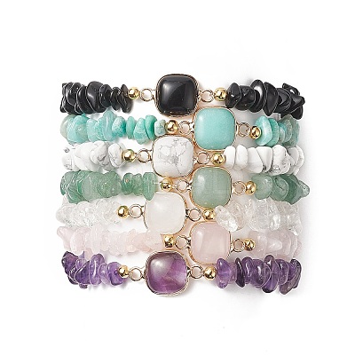 7Pcs 7 Style Natural & Synthetic Mixed Gemstone Square & Chips Beaded Stretch Bracelets Set for Women BJEW-JB09938-1