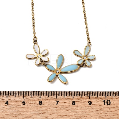 304 Stainless Steel Sky Blue Enamel with Crystal Rhinestone Triple Flower Pendant Necklaces for Women LS-NJEW-G181-01G-1