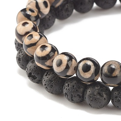 2Pcs 2 Style Natural Tibetan 3-Eye dZi Agate & Lava Rock Mala Bead Bracelets Set BJEW-JB07889-1