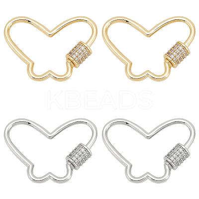 4Pcs 2 Colors Butterfly Brass Micro Pave Clear Cubic Zirconia Screw Carabiner Lock Charms KK-WR0001-05-1