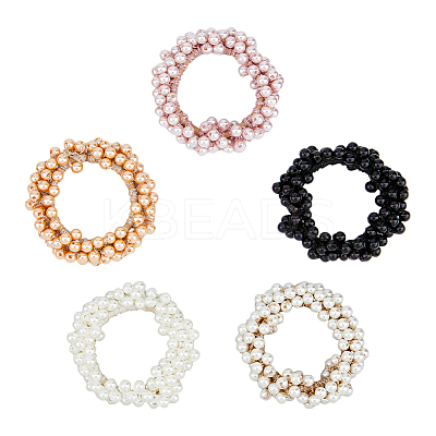 5Pcs 5 Colors Elastic Rubber Bands & Plastic Imitation Pearl Beaded Hair Ties for Ponytail Holders OHAR-DC0001-03-1