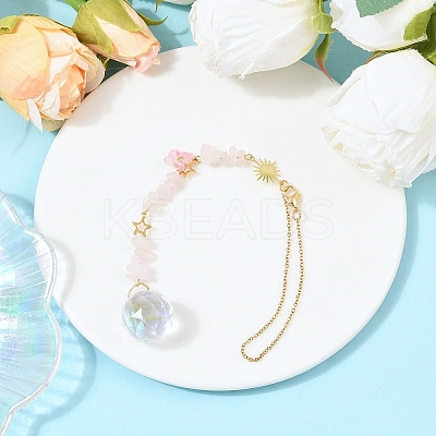 Round Glass & Natural Rose Quartz Chips Hanging Suncatchers HJEW-JM04209-03-1