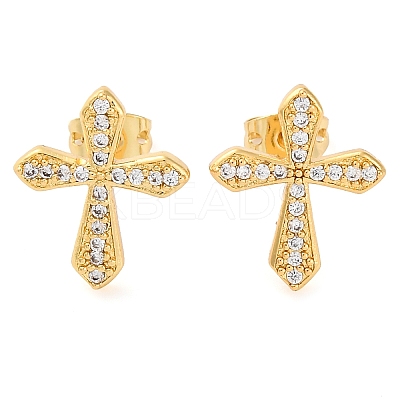 Rack Plating Cross Brass Pave Clear Cubic Zirconia Stud Earrings EJEW-S245-01G-B-1