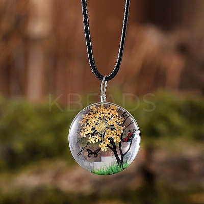 Flat Round Glass with Dried Flower Tree Inner Pendant Black Waxed Cord Necklaces FS-WG87A6D-13-1