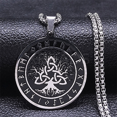 201 Stainless Steel Black Enamel Rune Tree of Life Pendant Necklaces for Men LS-NJEW-K283-27P-1