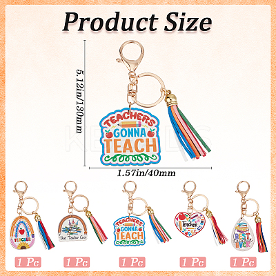 5Pcs 5 Colors Teachers' Day Wooden Keychains AJEW-SP0001-41A-1
