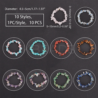 10Pcs 10 Style Unisex Natural & Synthetic Chip Gemstone Beaded Stretch Bracelets BJEW-GA0001-02-1