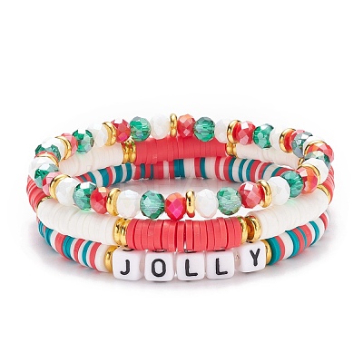 3Pcs 3 Style Polymer Clay Heishi Surfer Stretch Bracelets Set with Word Jolly Acrylic Beads BJEW-TA00129-1