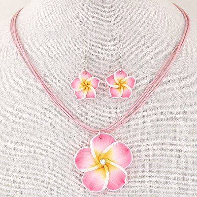Flower Polymer Clay with Wax Cord Pendant Necklaces & Dangle Earrings Sets FS-WG2CAA9-06-1