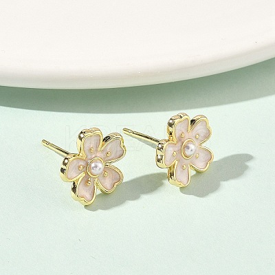Flower Brass & ABS Plastic Pearl Stud Earrings EJEW-P336-07G-01-1