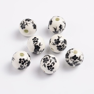 12mm Round Black Handmade Printed Porcelain Beads X-PORC-Q201-12mm-5-1