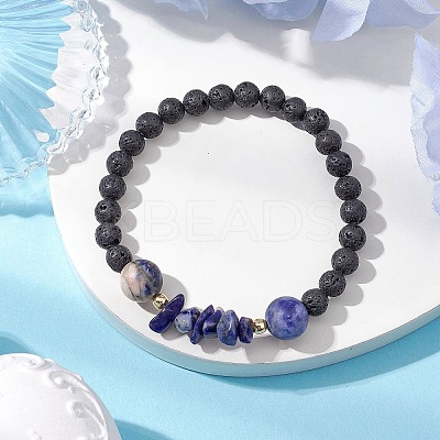 Natural Sodalite with Natural Lava Rock Beaded Stretch Bracelets for Women BJEW-JB11130-03-1