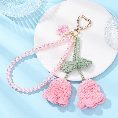 Handmade Cotton Yarn Crochet Lily of the Valley & Glass Pearl Round Bead Pendant Decorations HJEW-JM04389-04-1