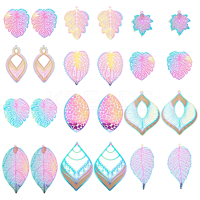 24Pcs 12 Style Ion Plating(IP) 201 Stainless Steel Filigree Big Pendants STAS-DC0005-75-1