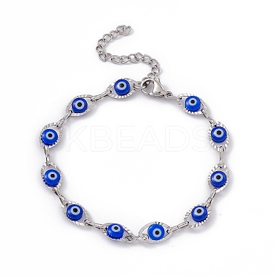 304 Stainless Steel Horse Eye Link Chain Bracelet with Resin Evil Eye Beaded for Women BJEW-F439-01P-02-1