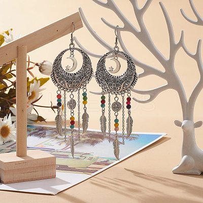 Alloy Moon Web with Feather Chandelier Earrings EJEW-JE05120-1
