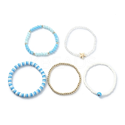 5Pcs 5 Style Polymer Clay Heishi Surfer Stretch Bracelets Set BJEW-TA00353-1