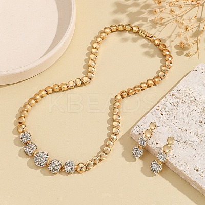 Brass Crystal Rhinestone Flat Round Link Chain Necklaces & Stud Dangle Earrings Sets for Women FS-WG8EC1E-01-1