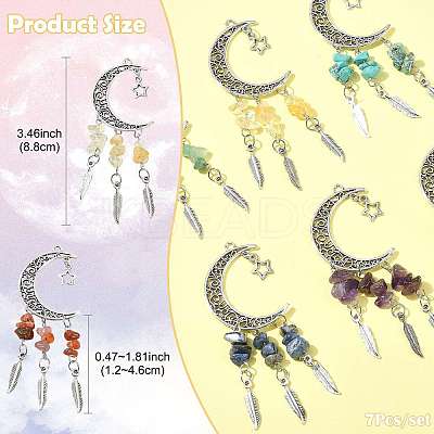 7Pcs Natural & Synthetic Gemstone Moon Pendant Decorations PALLOY-FS00062-1