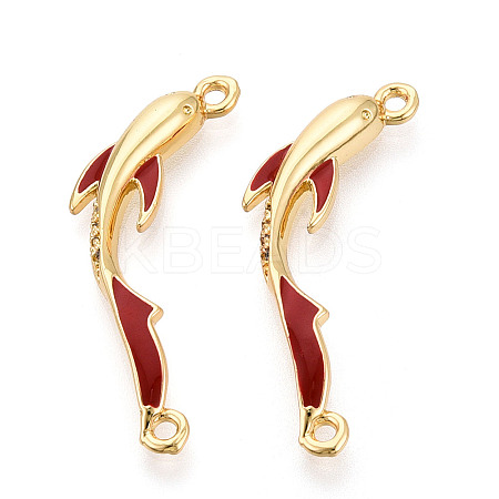 Brass Micro Pave Clear Cubic Zirconia and FireBrick Enamel Connector Charms KK-T074-68G-1