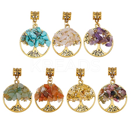 7Pcs 7 Colors Synthetic Turquoise & Natural Green Aventurine & Red Aventurine & Tourmaline & Citrine & Amethyst & Rose Quartz Chip Beaded Alloy Tree of Life European Dangle Charms PALLOY-JF04194-03-1