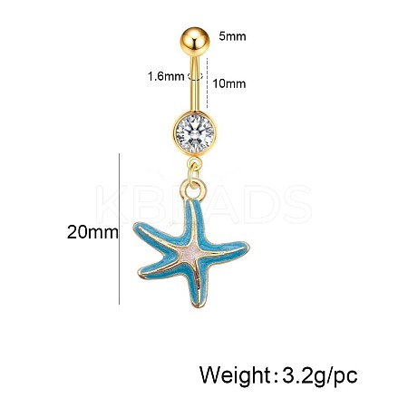 304 Stainless Steel Pave Clear Cubic Zirconia Enamel Starfish Curved Barbell Dangle Belly Rings FS-WG01A3A-07-1