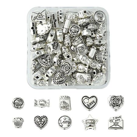 60Pcs 10 Styles Valentine's Day Theme Tibetan Style Alloy Beads TIBEB-CJ0001-38-1