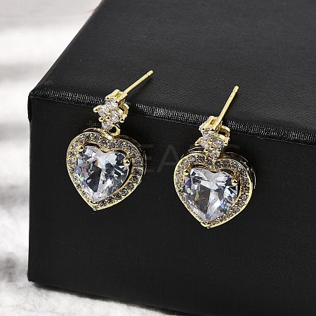 Brass Clear Cubic Zirconia Heart Dangle Stud Earrings EJEW-L261-021G-1