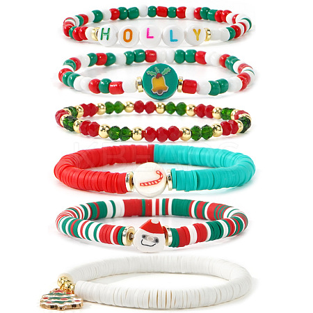 6Pcs 6 Styles Christmas Polymer Clay & Resin & Glass & Acrylic Beads Stretch Bracelets Set for Women OZ4869-6-1