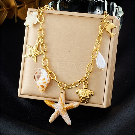 Acrylic Starfish & Natural Shell & Imitation Pearl Pendant 304 Stainless Steel Cable Chain Necklaces for Women NJEW-Z095-02G-1
