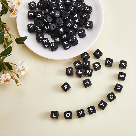 20Pcs Black Cube Letter Silicone Beads 12x12x12mm Square Dice Alphabet Beads with 2mm Hole Spacer Loose Letter Beads for Bracelet Necklace Jewelry Making JX433E-1