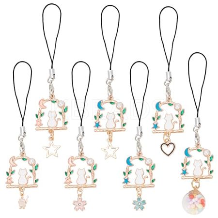DELORIGIN 14Pcs 7 Style Alloy Enamel Arch with Cat Phone Charm Mobile Straps HJEW-DR0001-02-1