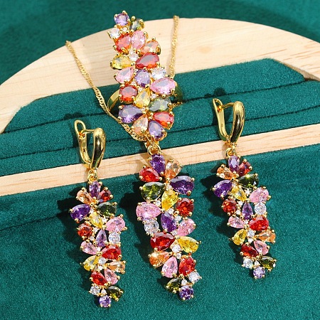 Leaf Brass Cubic Zirconia Pendant Necklaces & Hoop Earrings & Rings Sets FS-WGD46EA-05-1