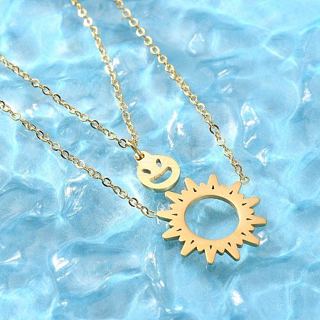 304 Stainless Steel Sun and Smiling Face Pendant Double Layer Necklaces for Women NJEW-A045-14G-1