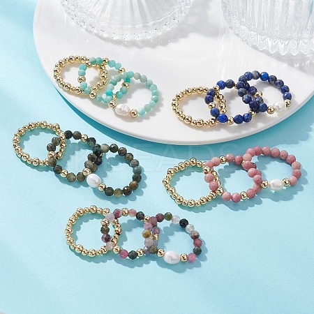 15Pcs 5 Colour Natural Gemstone & Cultured Freshwater Pearl Cuff Rings RJEW-JR01024-1