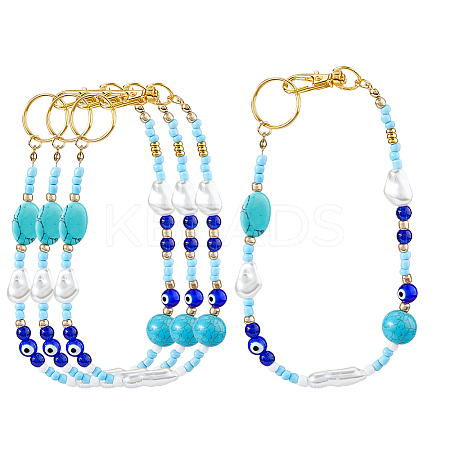Glass & Synthetic Turquoise & ABS Plastic Imitation Pearl Keychain HJEW-FH00142-1
