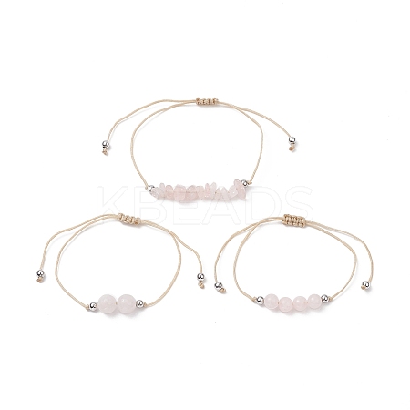 3Pcs 3 Style Natural Rose Quartz Braided Bead Bracelets Set BJEW-JB09334-01-1